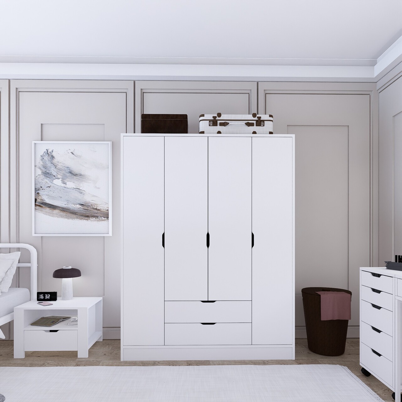 Dulap pentru haine, Hanah Home, Duru 4 Door 1600-017, 140x182x45 cm, Alb mat - imagine 7